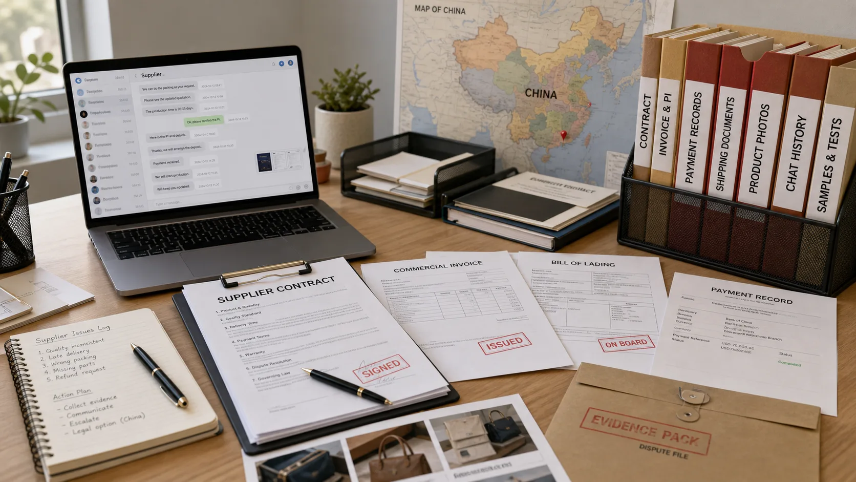 Professional evidence review scene with printed contracts, shipping papers, payment records, and a China map on a desk.