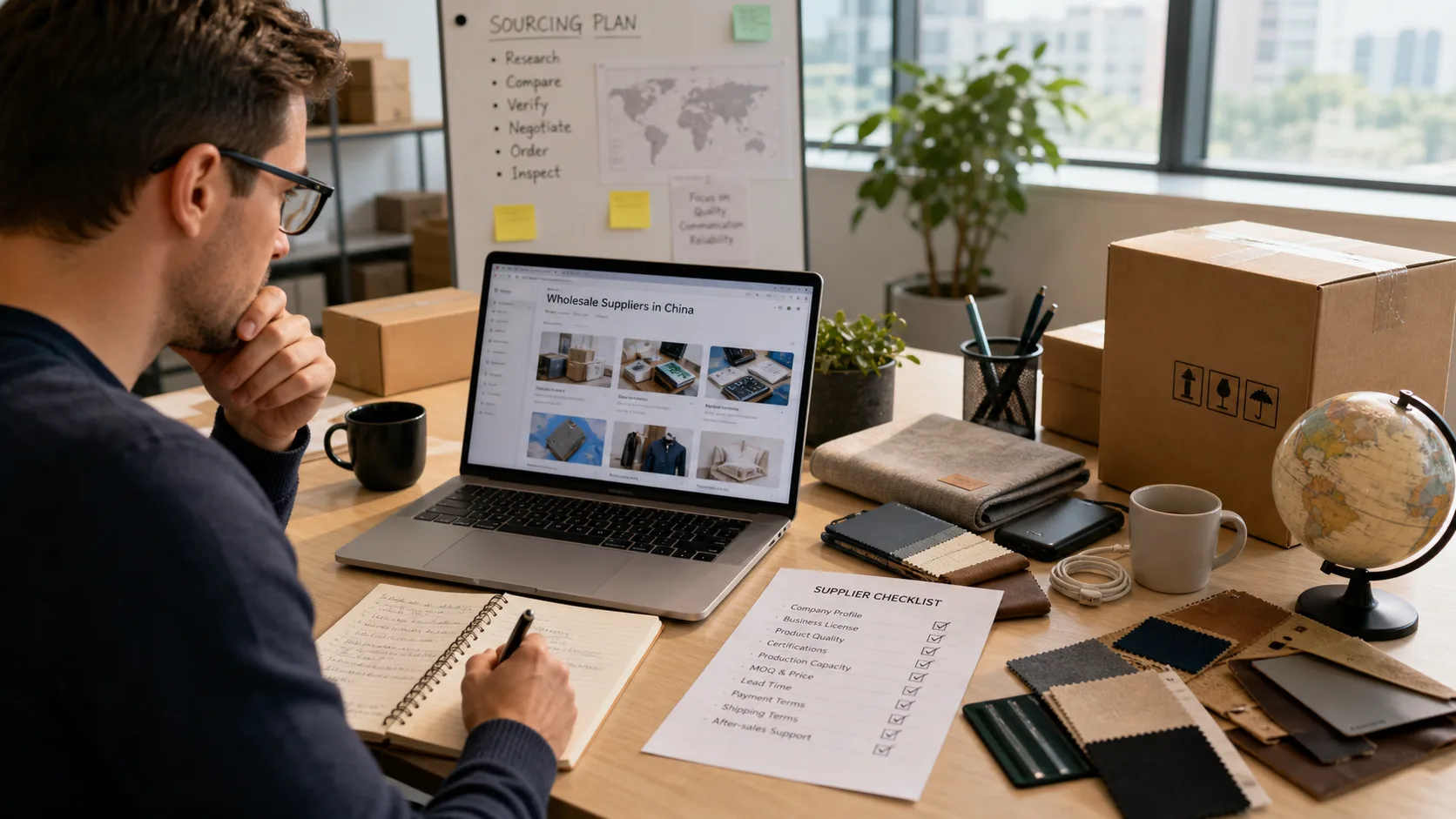Illustration of an overseas buyer comparing Chinese wholesale suppliers on a laptop while reviewing samples and notes.