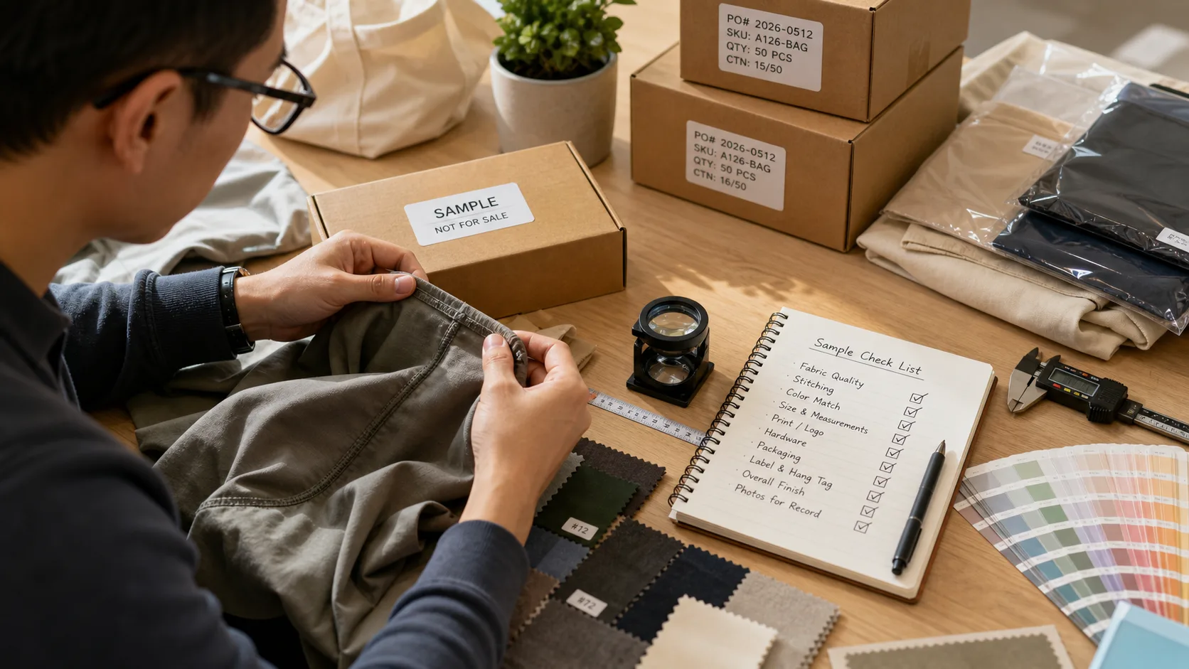Buyer-side sourcing specialist inspecting physical product samples, packaging, and finish quality at a table.