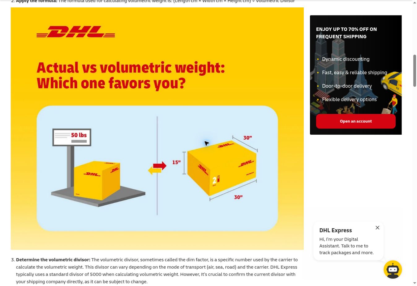DHL explains how package dimensions and the volumetric divisor affect shipping charges.