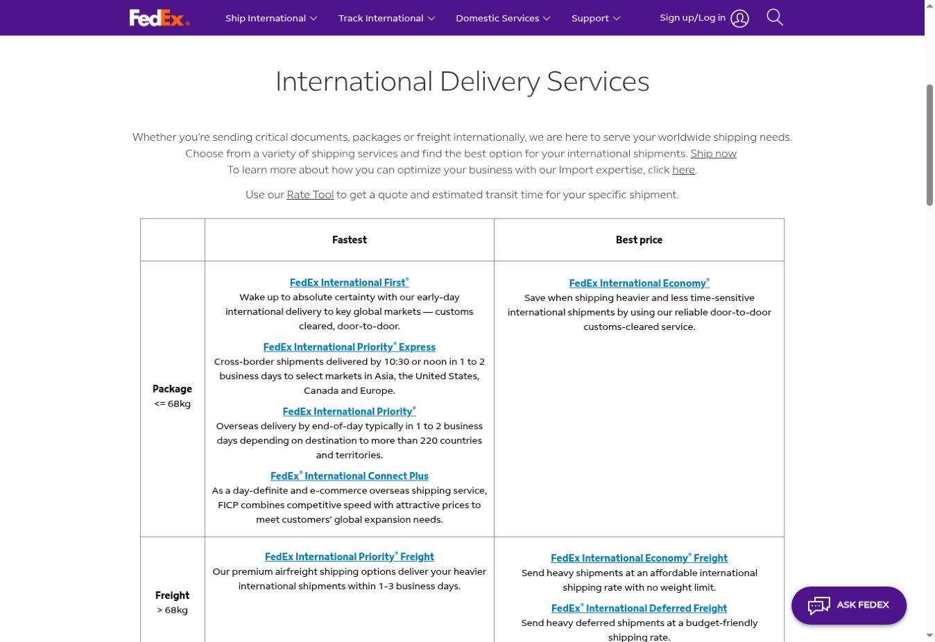 FedEx China separates Priority, Economy and other services, and directs buyers to a shipment-specific rate and transit-time quote.
